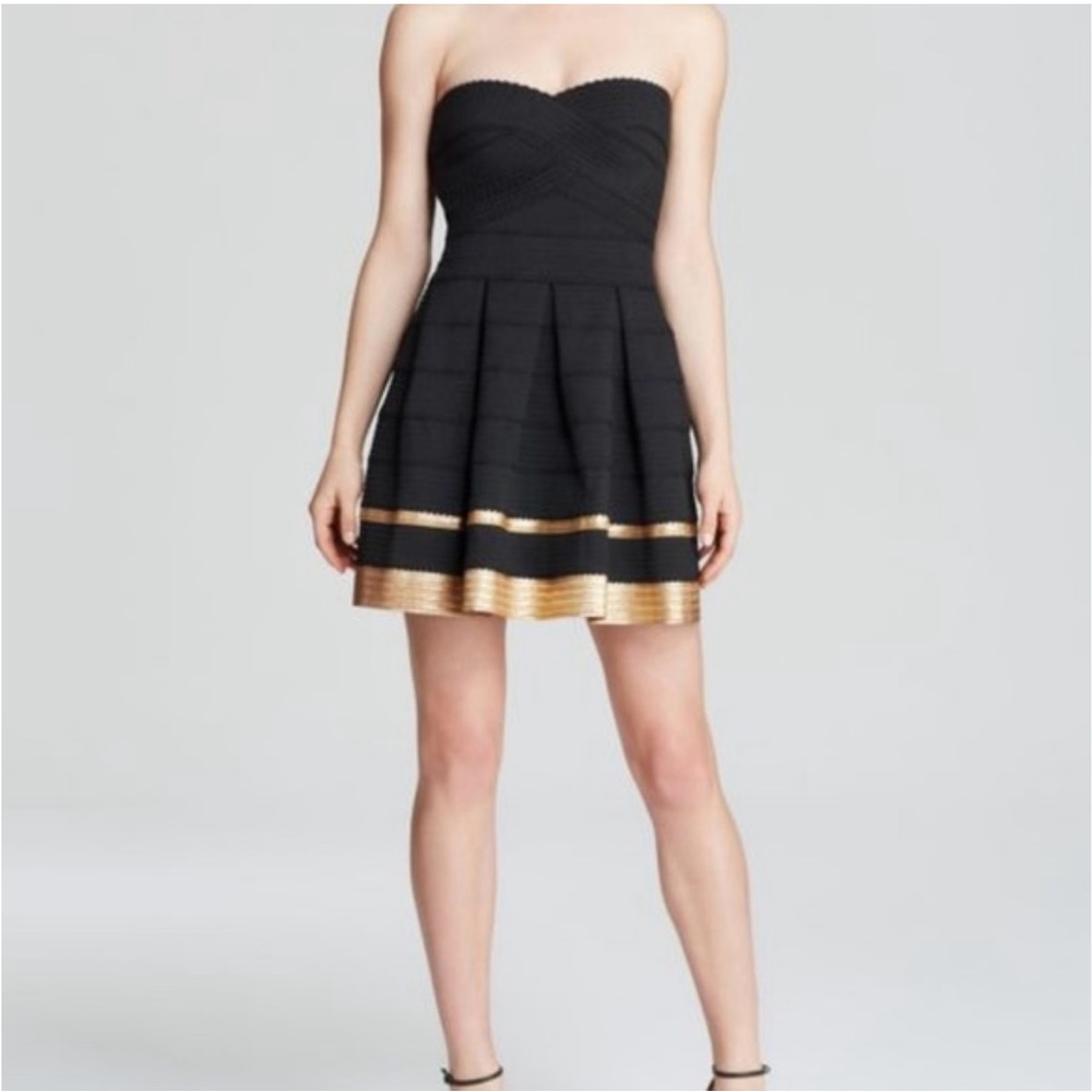 Sans Souci Holly Go Lightly Black Gold Bandage Mini Scuba Dress Sz XS NWT
